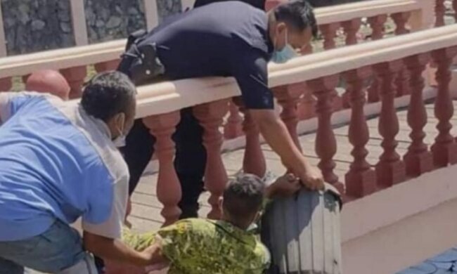 Passersby, a soldier, and a police officer rescued a small animal from the water using a bucket